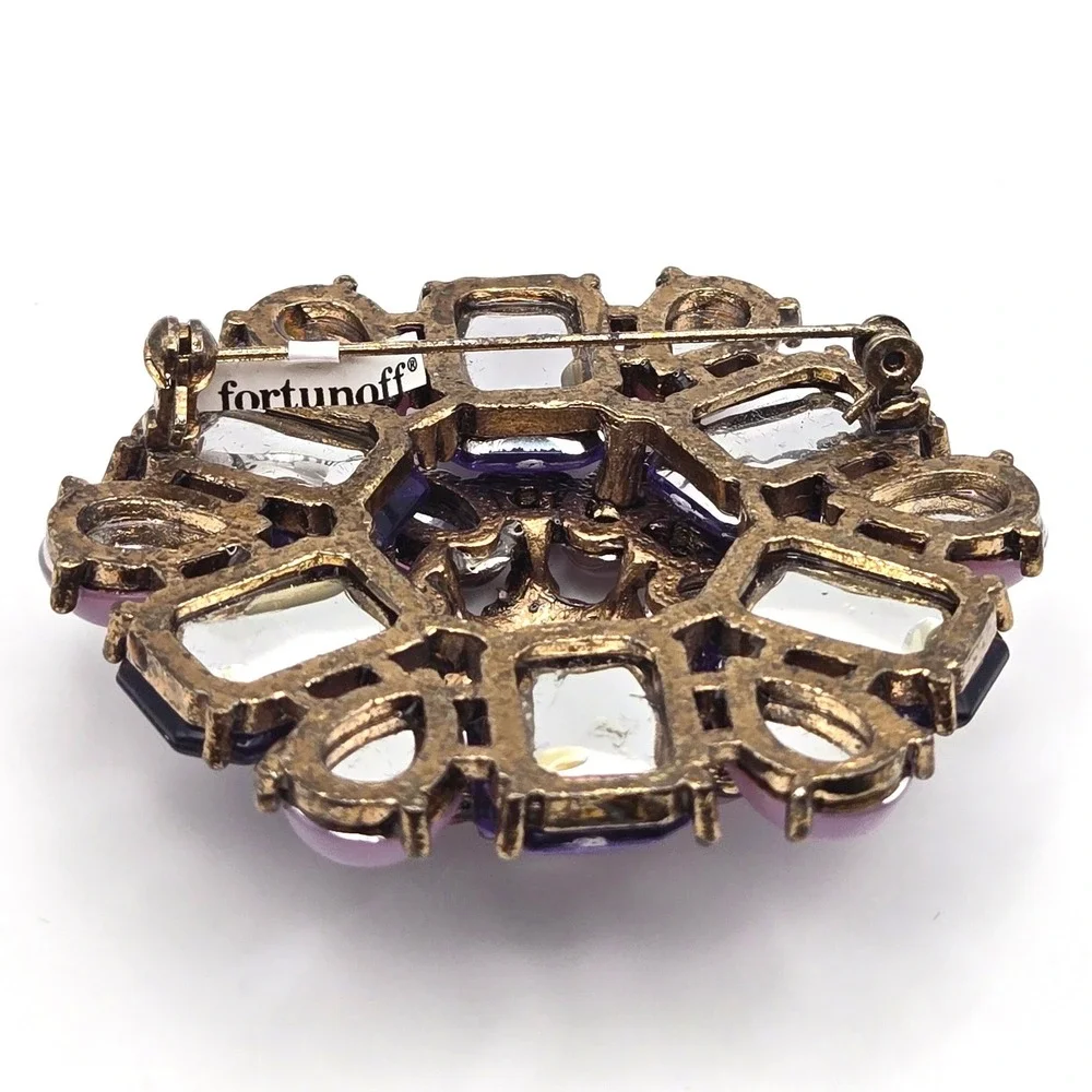 Fortunoff Vintage‎ Purple Pink Rhinestone Cabochon Flower Brooch Pin 2.5 Inch